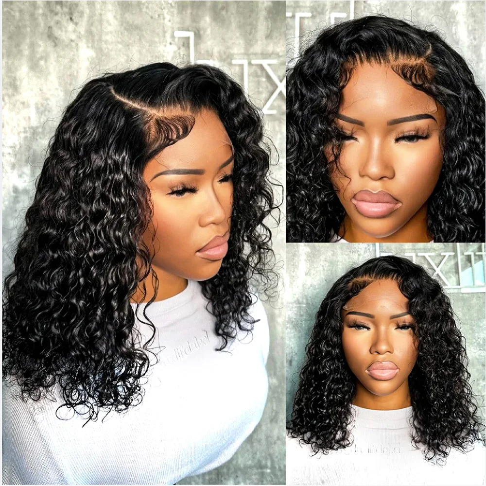 13*4Deep Lace Short Bob Lace Front Wig Middle Part 16inch 180density Wig Natural Hairline Kinky Curly Preplucked Baby Hair