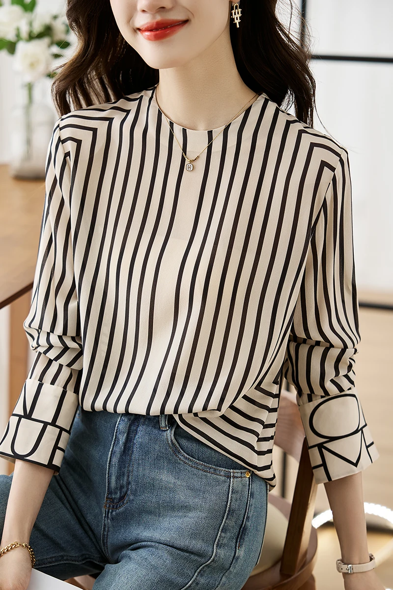 2024 Spring Womens Tops And Blouses Fashion Casual Lady Striped Shirts Blusas Mujer Long Sleeve Elegant Silk Shirt Commuter Tops