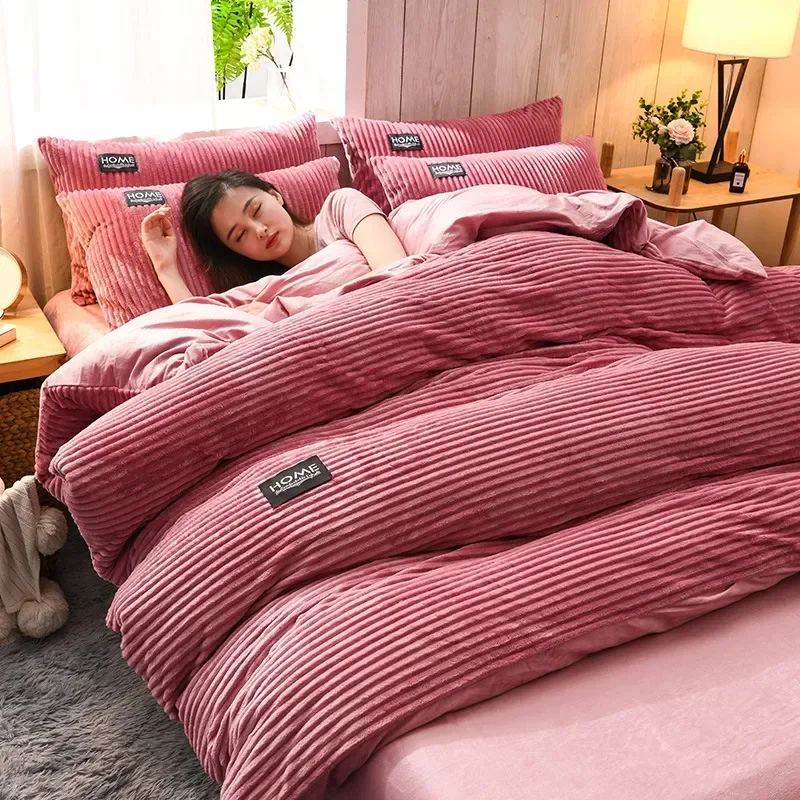 Winter Thick Solid Color Velvet Duvet Cover Warmth Bedding Set 6