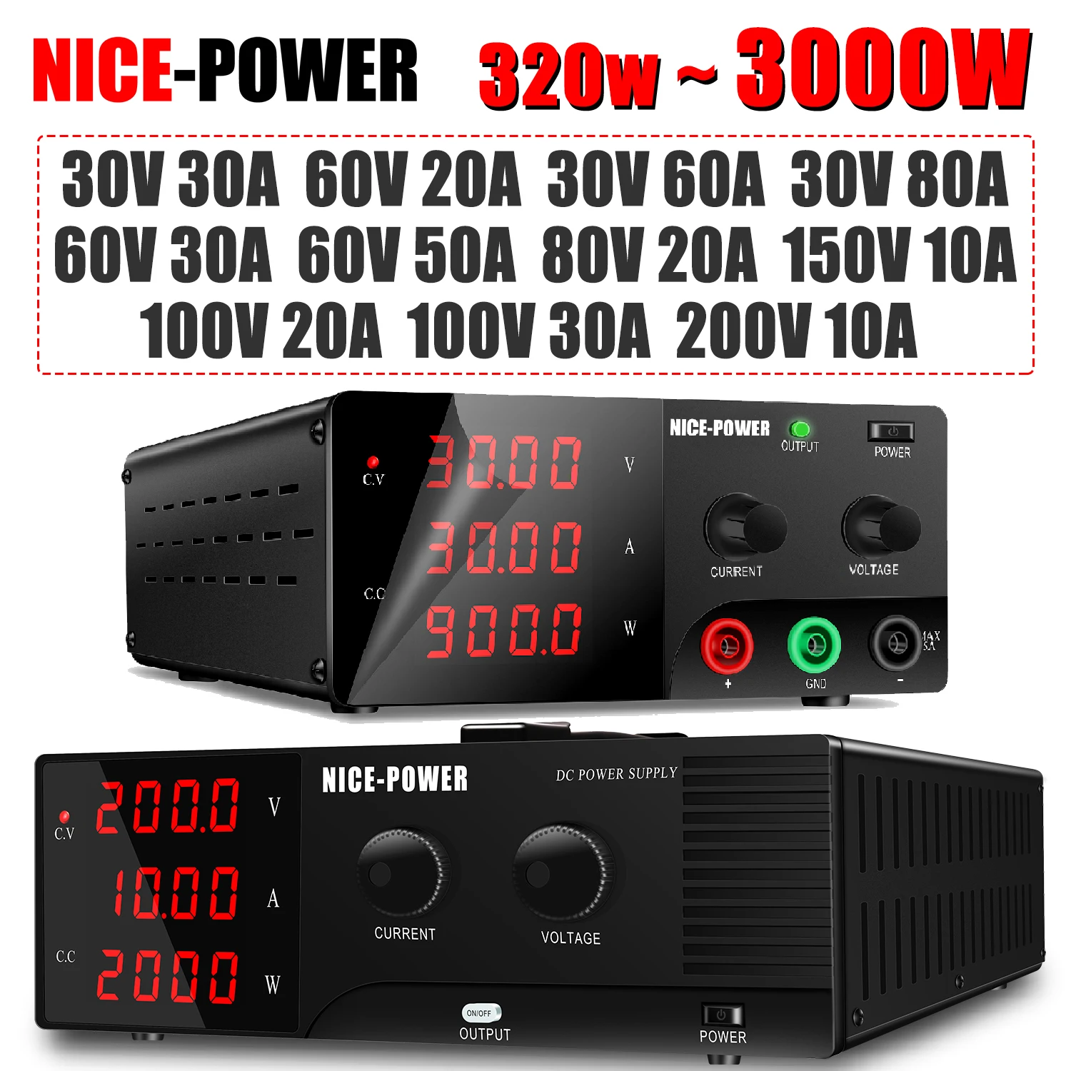 แหล่งจ่ายไฟฟ้ากระแสตรงปรับค่าได้ NICE-POWER 1200W 3000W สำหรับห้องปฏิบัติการ 30V 60V 100V 200V 300V 10A 30A 60A 80A 100A ตัวควบคุมแรงดันไฟฟ้า 1