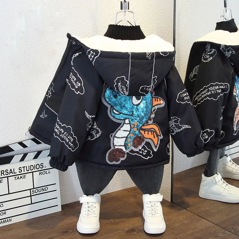 

Зимняя детская одежда для маленьких девочек и мальчиков, утепленное теплое пальто с мультипликационным динозавром, хлопковая куртка с капюшоном и длинным рукавом для малышей, Детская верхняя одежда