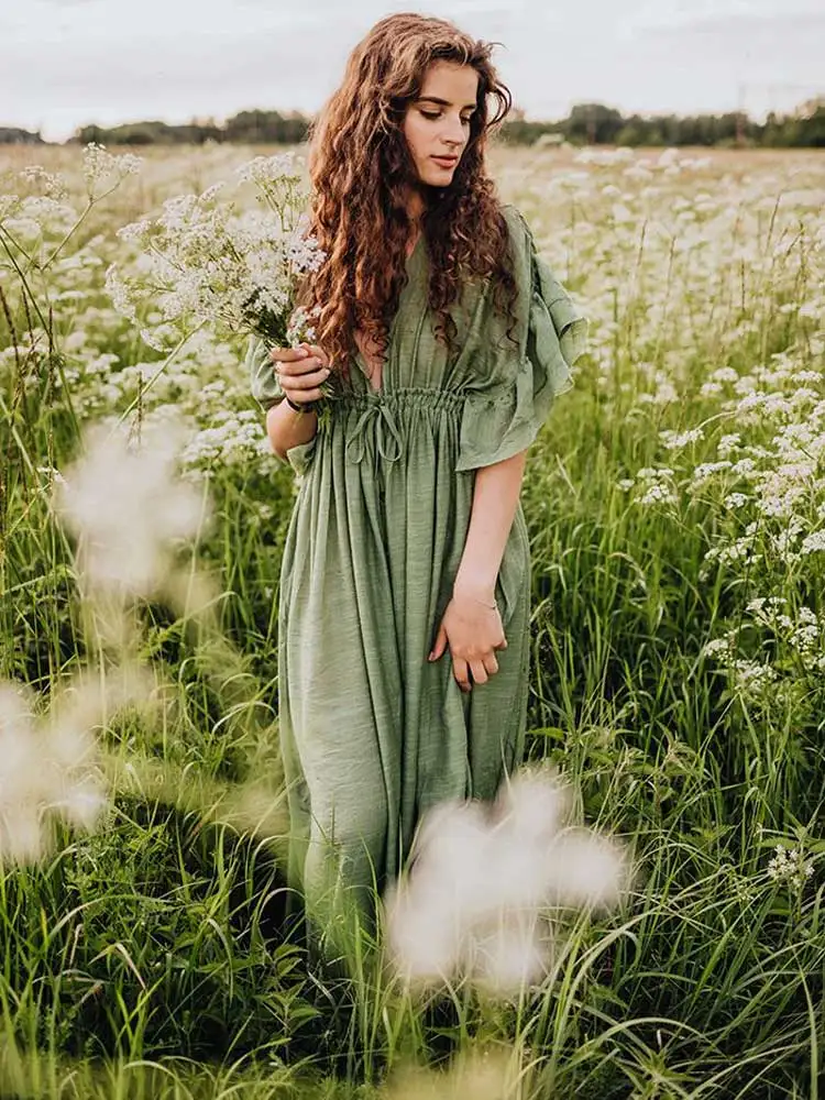 Blusa Vestidos Playeros Hippies Boho Inspired-túnica Verde Larga