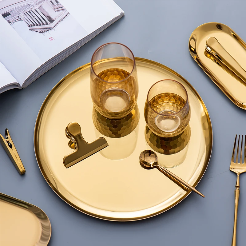 Stainless Steel European Oval Gold Tray Thickened Western Food Dessert Single Layer Flat Tray Jewelry Item Multi-Purpose Storage 5