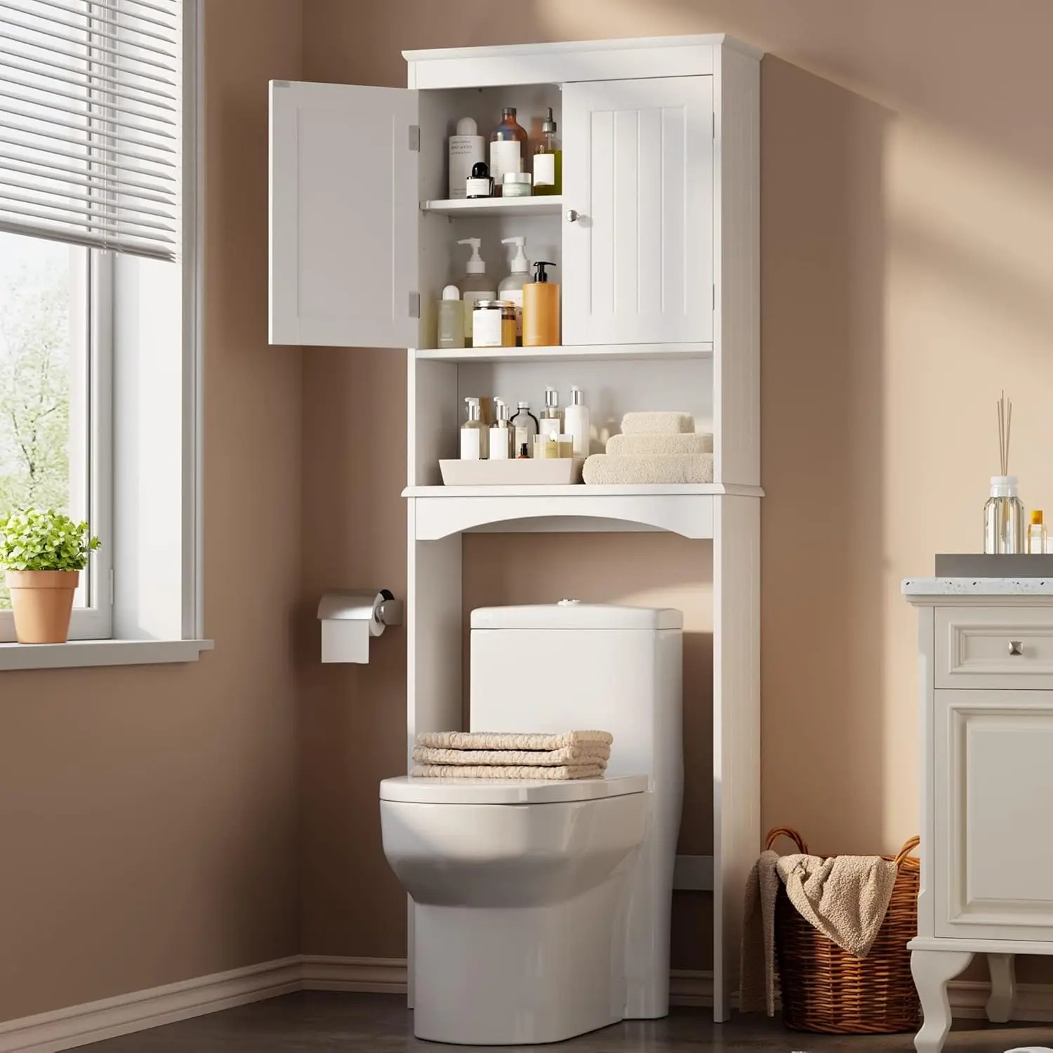 Over The Toilet Storage Cabinet bathroom furniture with Adjustable Shelf and Double Doors, Bathroom Space Saver Organizer Above Toilet with Open Sh