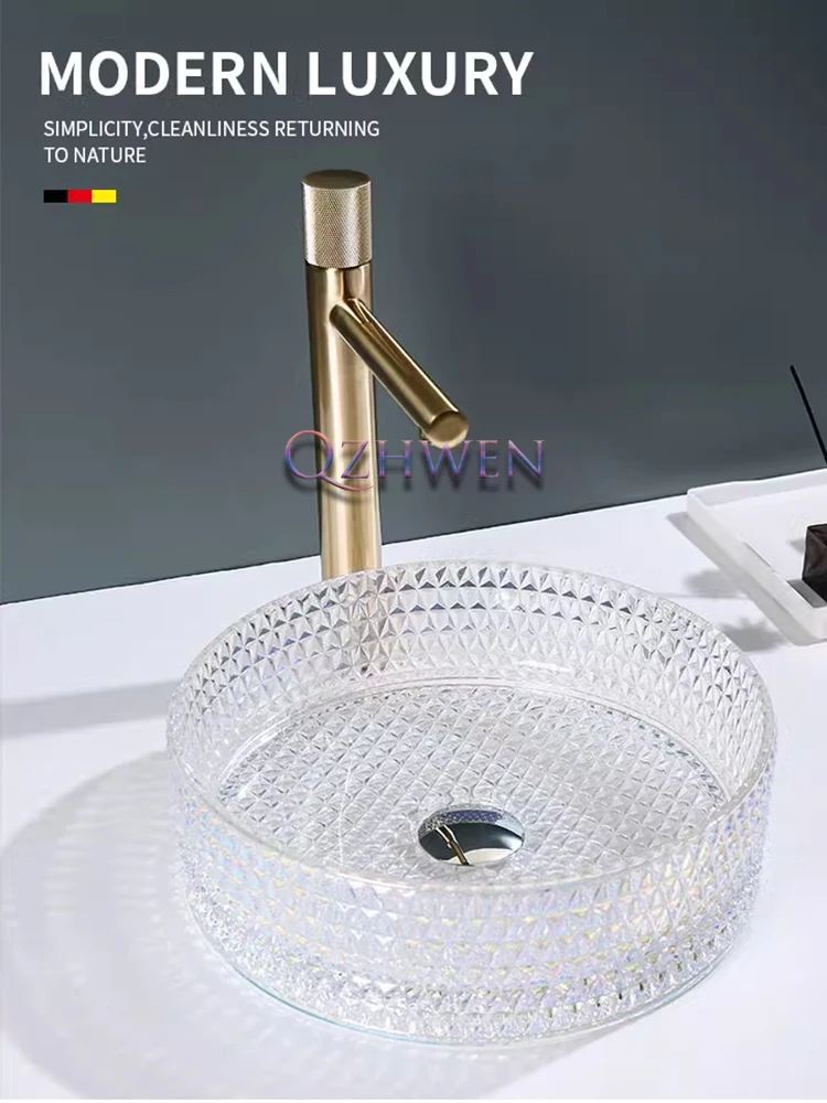 อ่างล่างหน้าแก้วสำหรับใส่ในห้องน้ำขนาด40/36ซม. อ่างล้างมือหรูหราทันสมัยสำหรับโรงแรมระเบียงอ่างล้างหน้าอ่างล้างหน้าชามทรงกลมพร้อมชุดก๊อกน้ำ 1