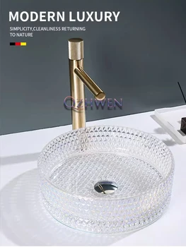 อ่างล่างหน้าแก้วสำหรับใส่ในห้องน้ำขนาด40/36ซม. อ่างล้างมือหรูหราทันสมัยสำหรับโรงแรมระเบียงอ่างล้างหน้าอ่างล้างหน้าชามทรงกลมพร้อมชุดก๊อกน้ำ 1