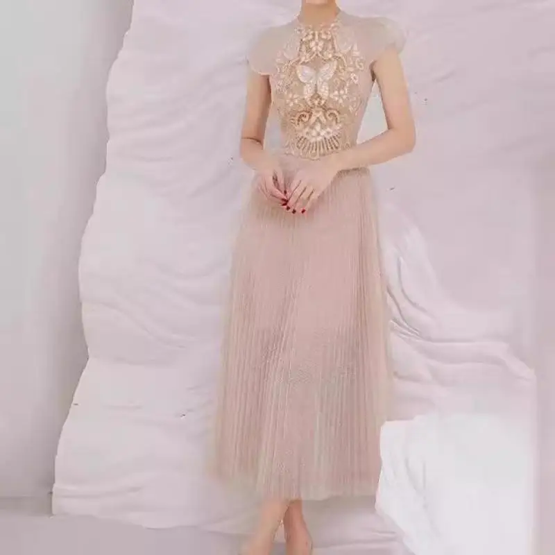 

Женское облегающее платье с коротким рукавом, элегантное кружевное ажурное платье с вышивкой, вечернее платье с высокой талией, платье-халат, лето 2024