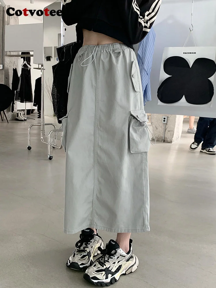 

Cargo Long Skirts for Women 2023 New Vintage Streetwear Drawstring Split High Waist Loose Mid Calf Y2k Skirt