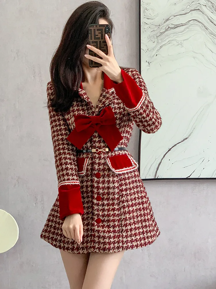 

High-Quality Red Houndstooth Bow Mini Dress Coat New Autumn/Winter Women's Small Fragrant Woolen Coat Dresses Female Clothing