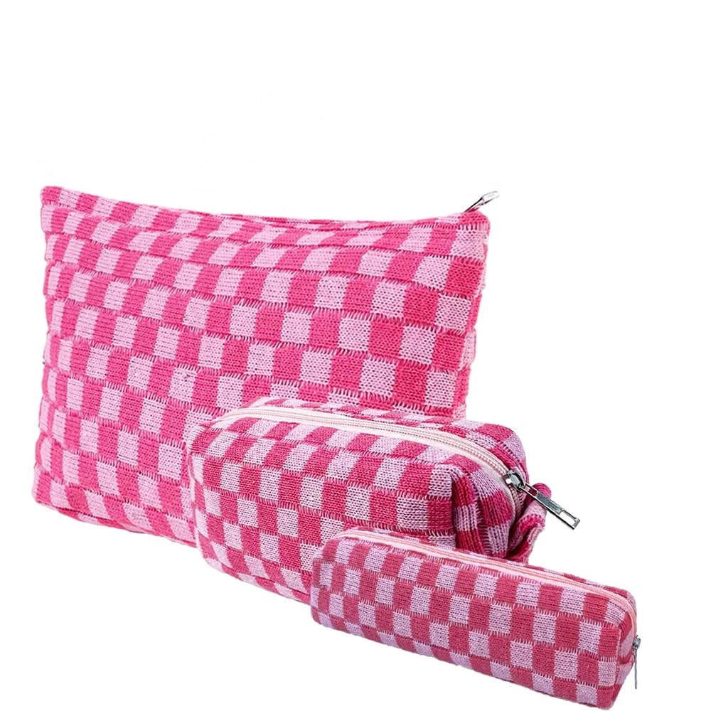 3PCS Checkered Makeup Bag,Travel Toiletry Bag Cute Makeup Brushes Bag Cosmetic Bags for Women Zipper Makeup Bags for Purse