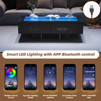 Table basse moderne et élégante avec lumières LED, table de salon avec tiroirs, table basse avec lumière LED, plateau en verre, noir 4