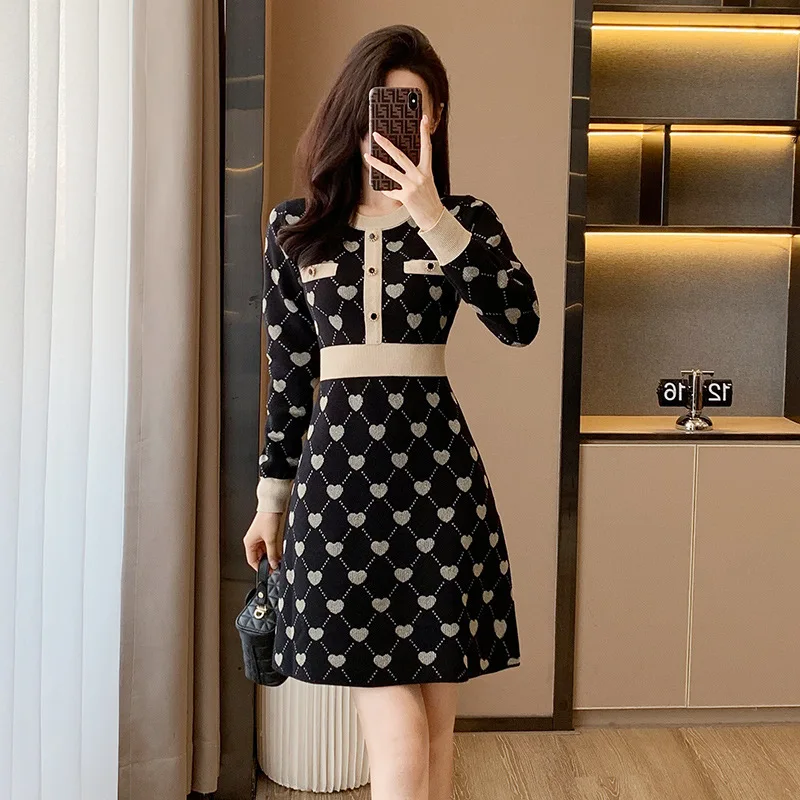 

#0962 Black Plaid Kntted Mini Dress Round Neck Buttons High Waisted Vintage Short Vintage Sweater Dress Women Elegant Autumn2023