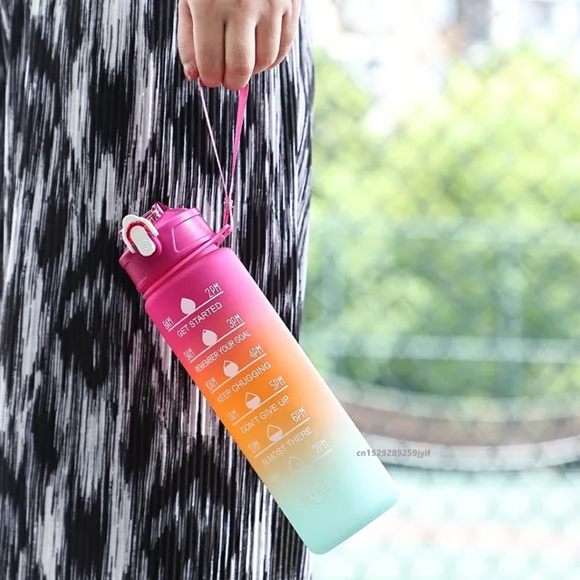 1pc Gradient Sports Water Bottle with Straw & Time Marker for Outdoor Fitness Hiking & Gym Leakproof Travel Water Bottle 4