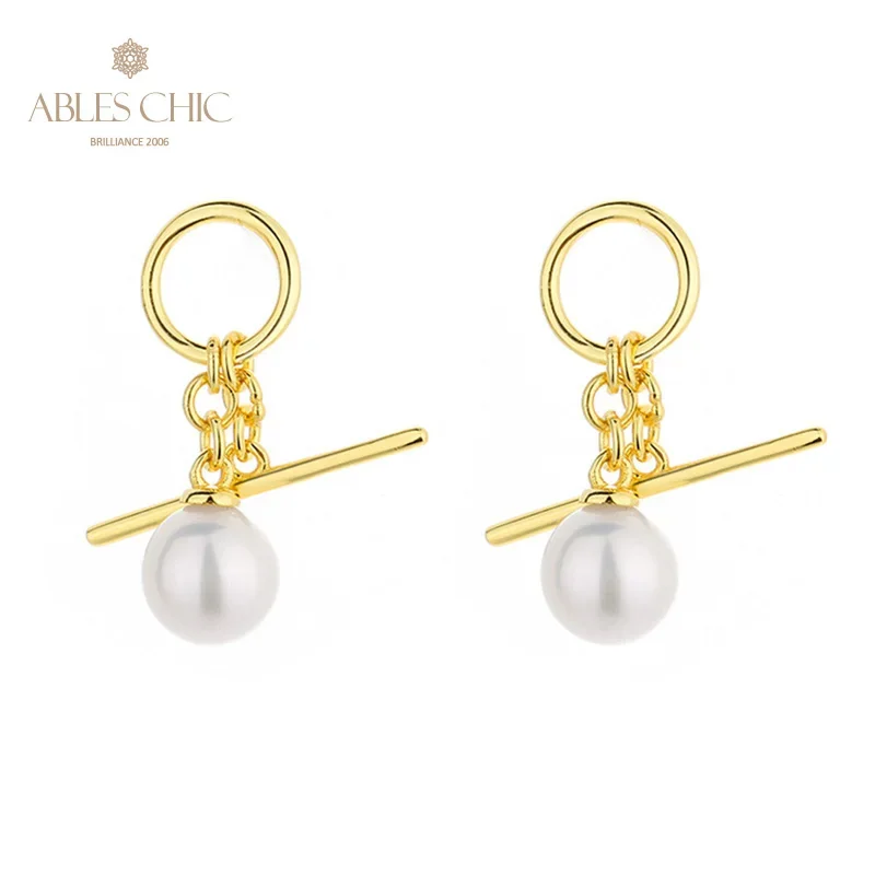 

AC Freshwater Pearls 7-7.5mm Accent T-bar Closure Studs High Polished 18K Gold Tone Solid 925 Silver Long Chain Earrings PE1023
