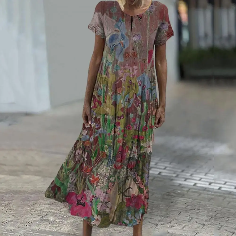 

Floral Print Summer Dress Floral Print Pleated Maxi Dress Retro A-line Style For Women's Wear Ankle Length With Short Sleeves