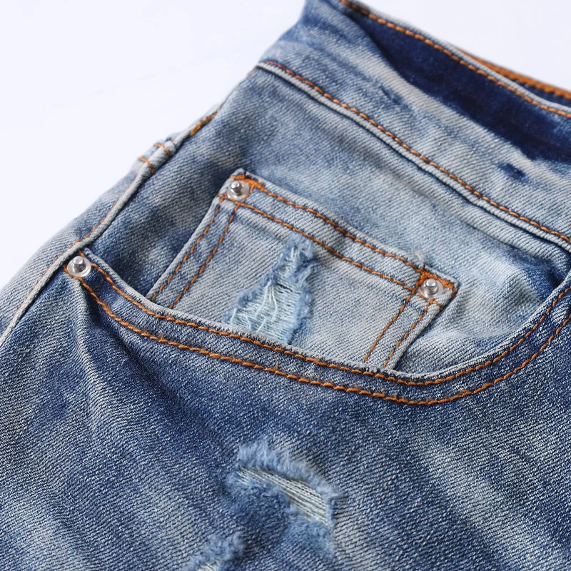 Street Fashion Men Jeans Retro Blue Stretch Skinny Fit Ripped Jeans Men Hole Red Patched Designer Hip Hop Brand Pants Hombre