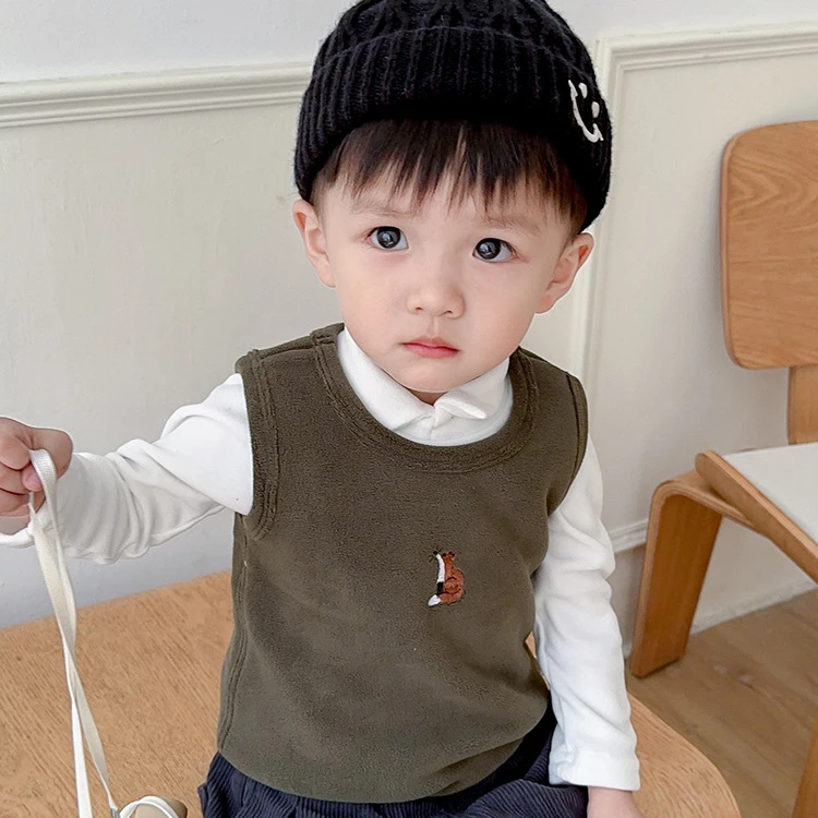 Baby Waistcoat Baby Velvet Autumn Jacket Boy Girls Sleeveless Vest Kids Soft Embroidery Waistcoat Newborn Warm Pullover Cartoon Solid Coat 0-3Y