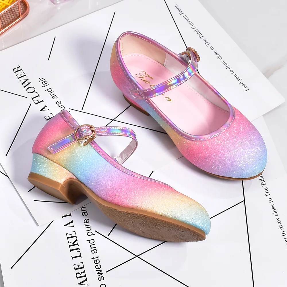 Leather Shoes Girls Shoes Girls High Heel Shoes Girls' Leather Princess Shoes Children's Shoes Round-Toe Soft-Sole Girls High Heel Princess Crystal Party Dance