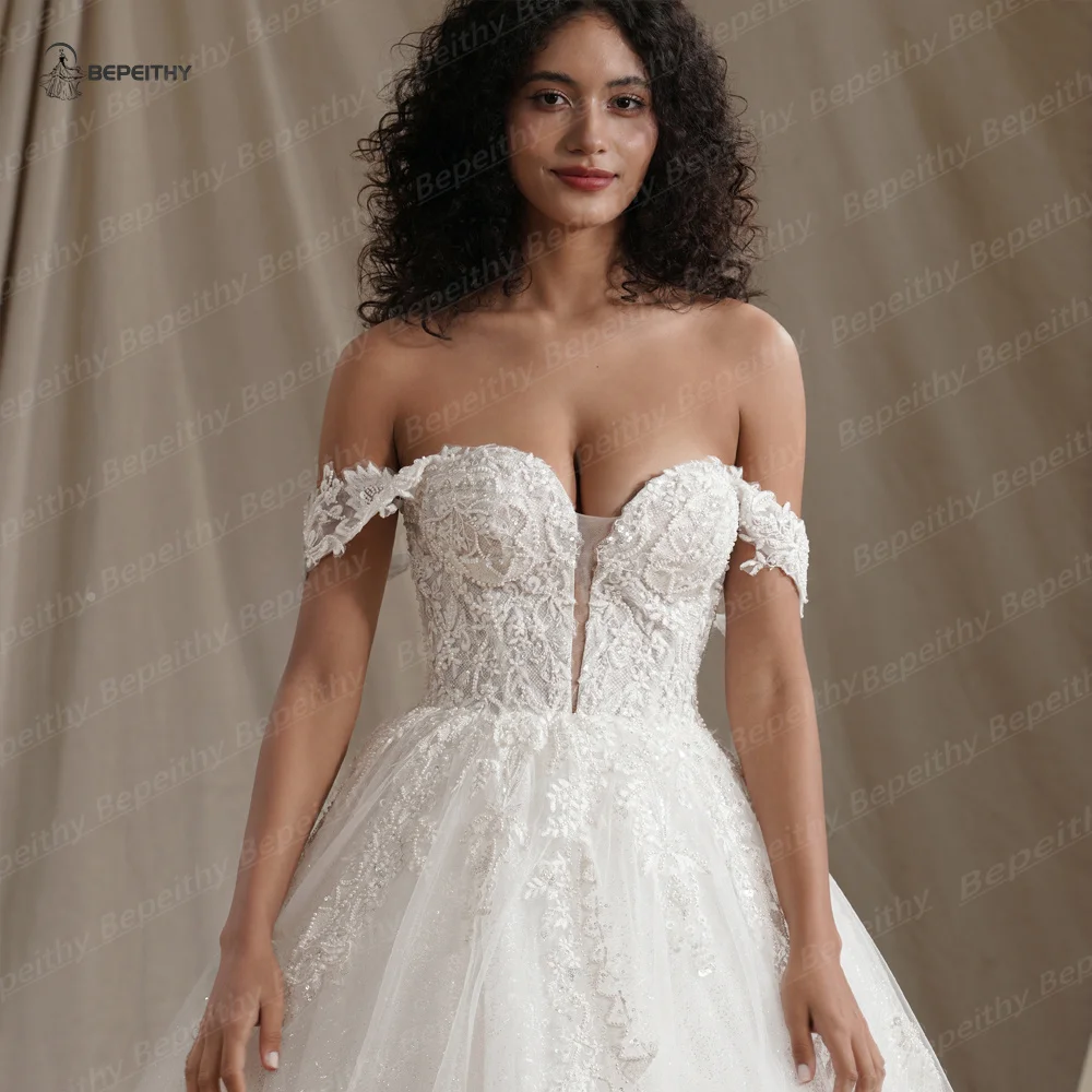 BEPEITHY Customized Sweetheart Glitter Princess Wedding Dresses For Women 2024 Off Shoulder Ivory Bride Sleeveless Bridal Gown 4