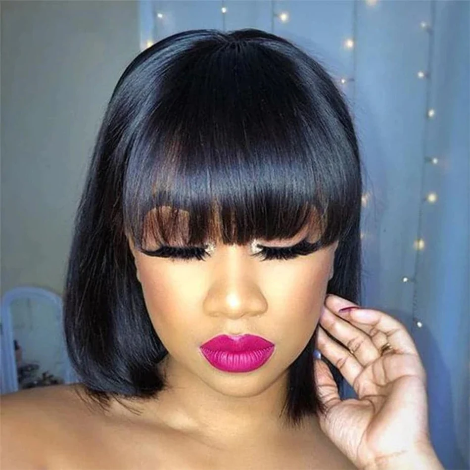 

12A Blunt Cut Straight Bob Wig Malaysian Human Hair Wigs With Bangs Full Machine Remy Human Hair Short Bob Wigs For Black Women