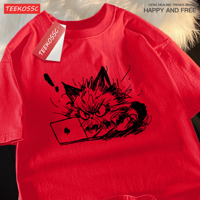 Crazy Cat Pounding On The Computer Printing Mens T Shirts Cotton All-Match T Shirt Comfortable Crewneck Streetwear Summer Tops