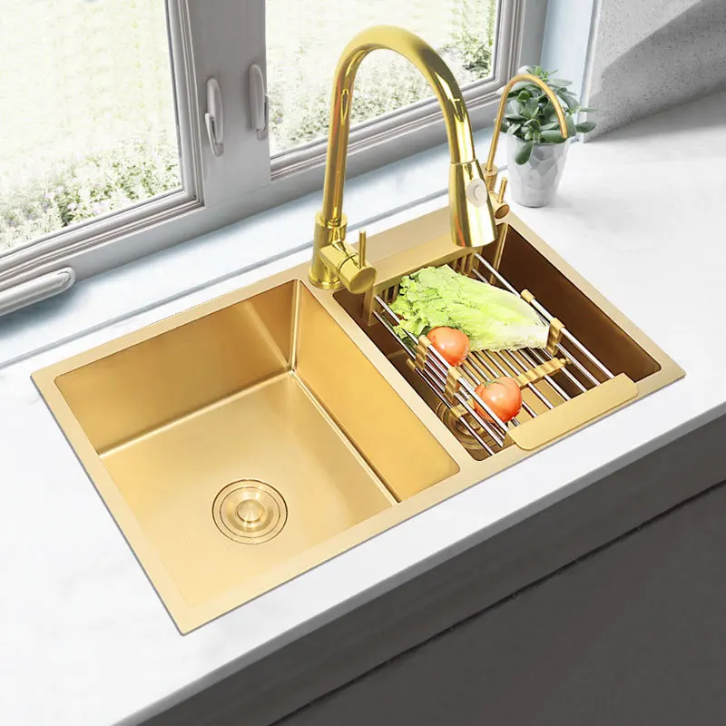 

Nano Gold Kitchen Sink 304 Stainless Steel sinks Above Counter or Undermount Installation Double Basin Golden Washing Basin