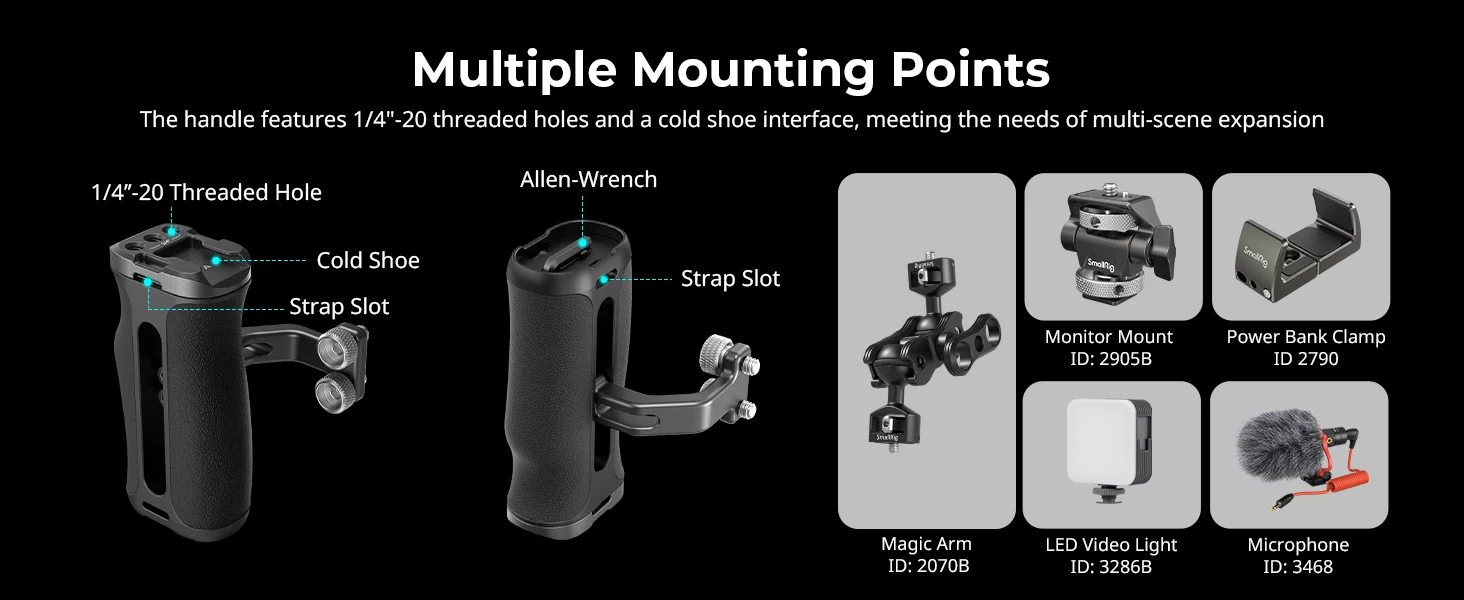 SmallRig Mini Side Handle with 1/4" -20 Screws, Comfort Silicone Grip For Dslr C