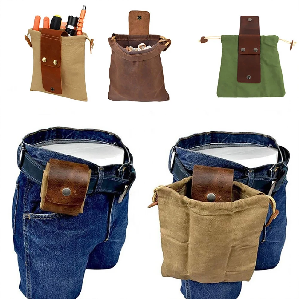 Bushcraft Foraging Pouch PU Leather Canvas Bag Hiking Camping Picnic Picking Bag Belts Storage Bags Outdoor Tools High Capacity