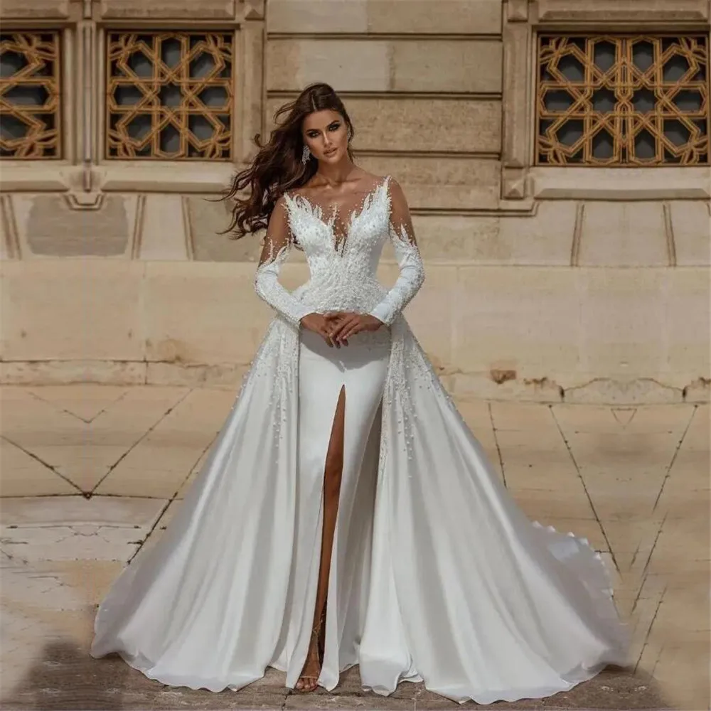 

Женское свадебное платье со съемным шлейфом, элегантное платье с жемчужной аппликацией и разрезом спереди, одежда для вечеринки