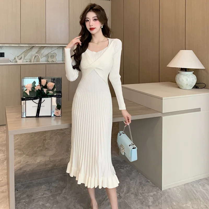 

Knitting Sweater Dress Square Collar High Waist A-line Elegant and Pretty Women's Dresses Autumn and Winter New Solid Long Dress