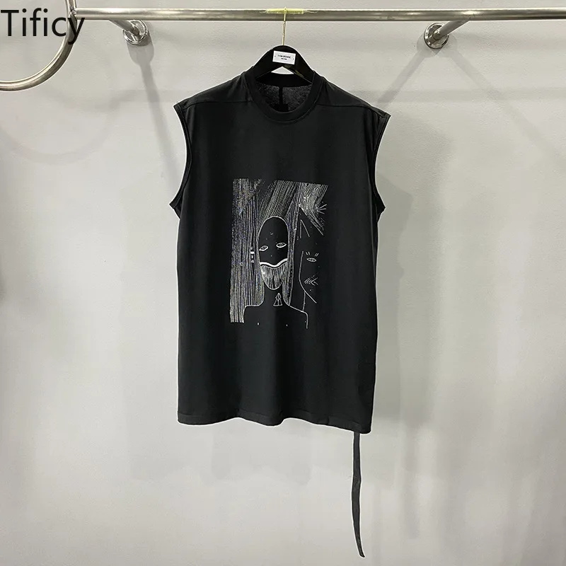 TIFICY Cotton 100% Tees High Street Men's New Product New Sketch Print Loose Large Size Sleeveless Fringed Black Long Tanks Tee