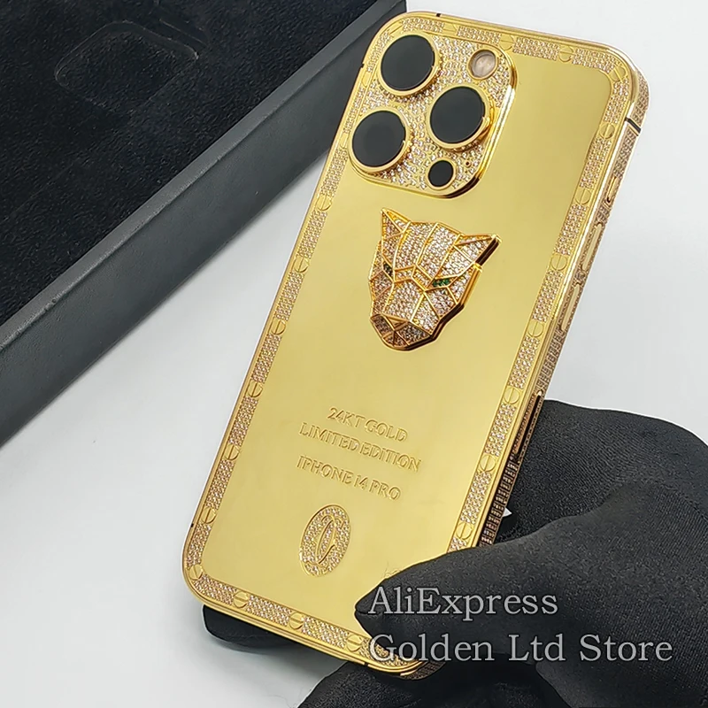 iPhone14Pro Max back shell housing 24K gold set diamond leopard head private custom limited edition back shell