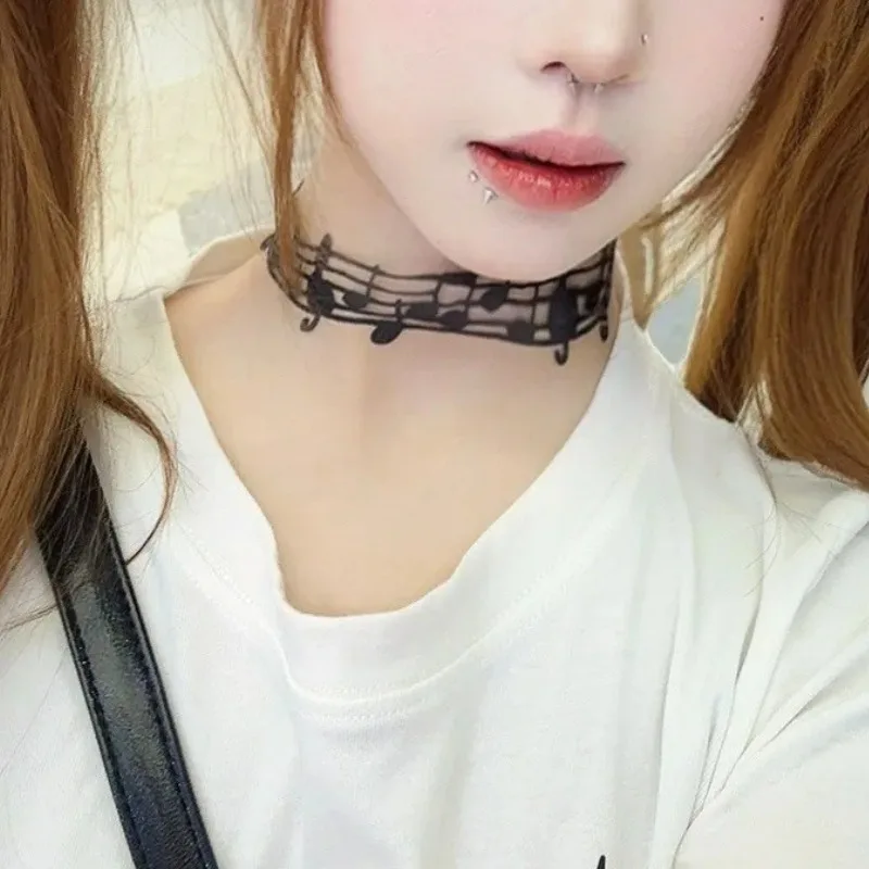 Multifuntional Black Choker with Musical Note Stylish for Women Girls Y2K Ribbon Necklace Lolita Gothic Jewlery Accessories
