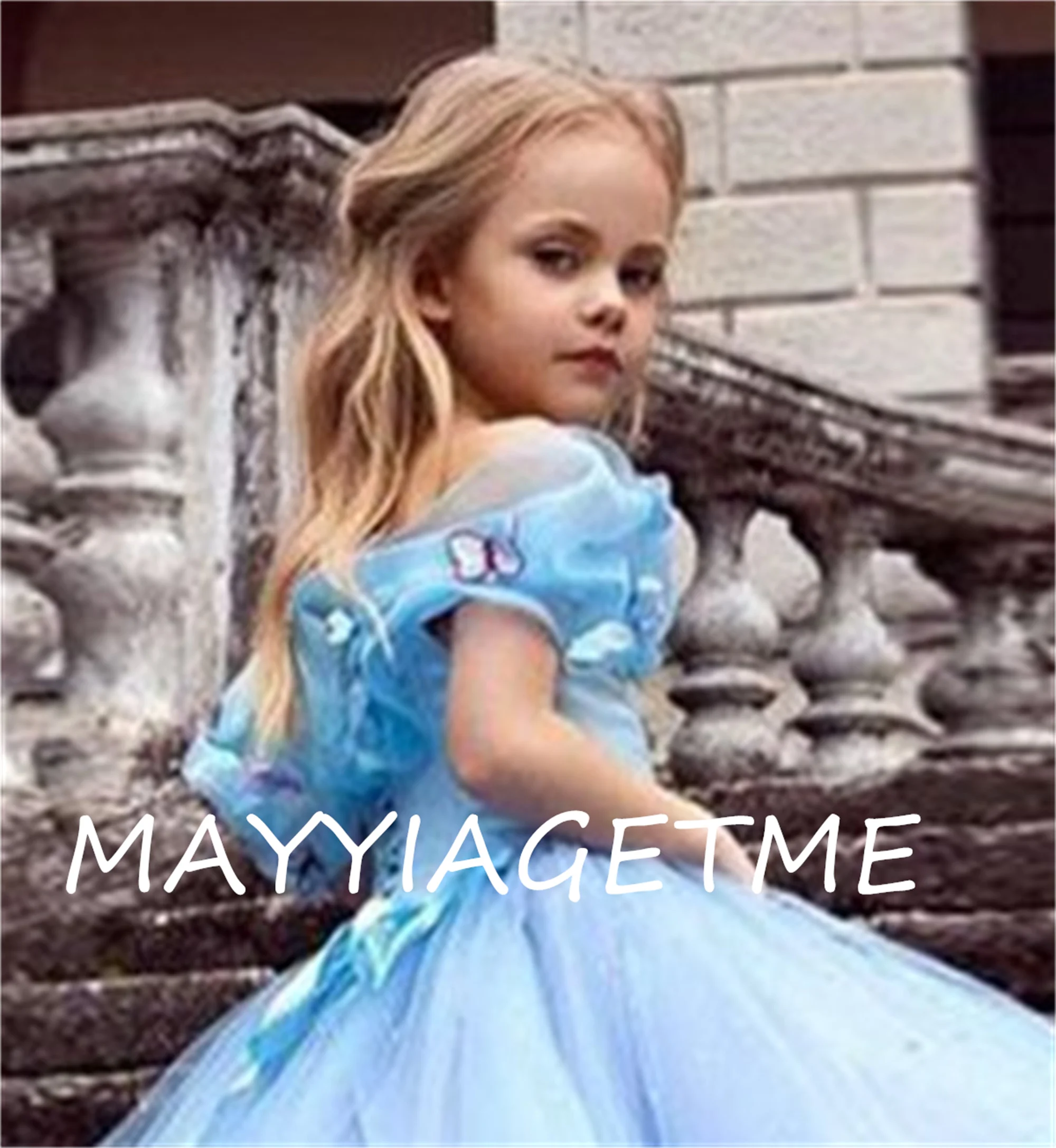Treasure Blue Shiny Tulle Butterfly Decoration Off Spalla Flower Girl Dress Wedding Flower Child Santis Prom Dress
