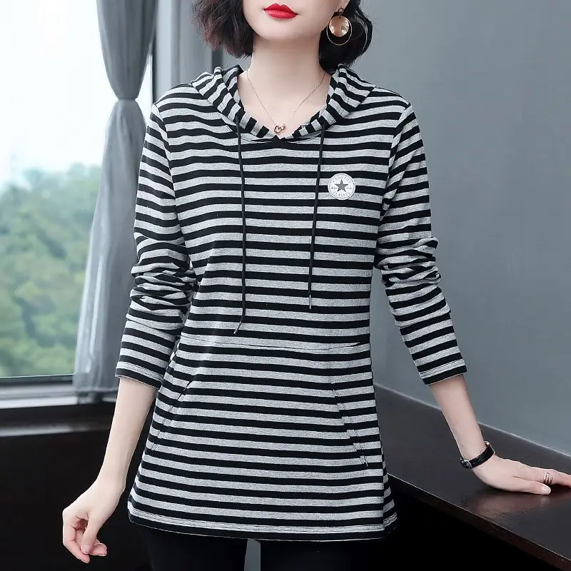 Fall Women Trendy Appliques Striped Casual Streetwear Y2K Hoodie Korean Style Long Sleeve Loose Hooded Sweatshirts Pullover Tops