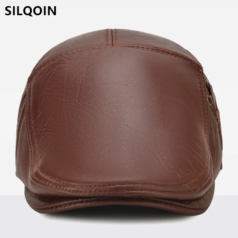 

SILOQIN New Winter Men's Warm Cowhide Berets Plus Fluff Fleece Earmuffs Hats Natural Leather Cap Dad's Trendy Brand Leather Hat