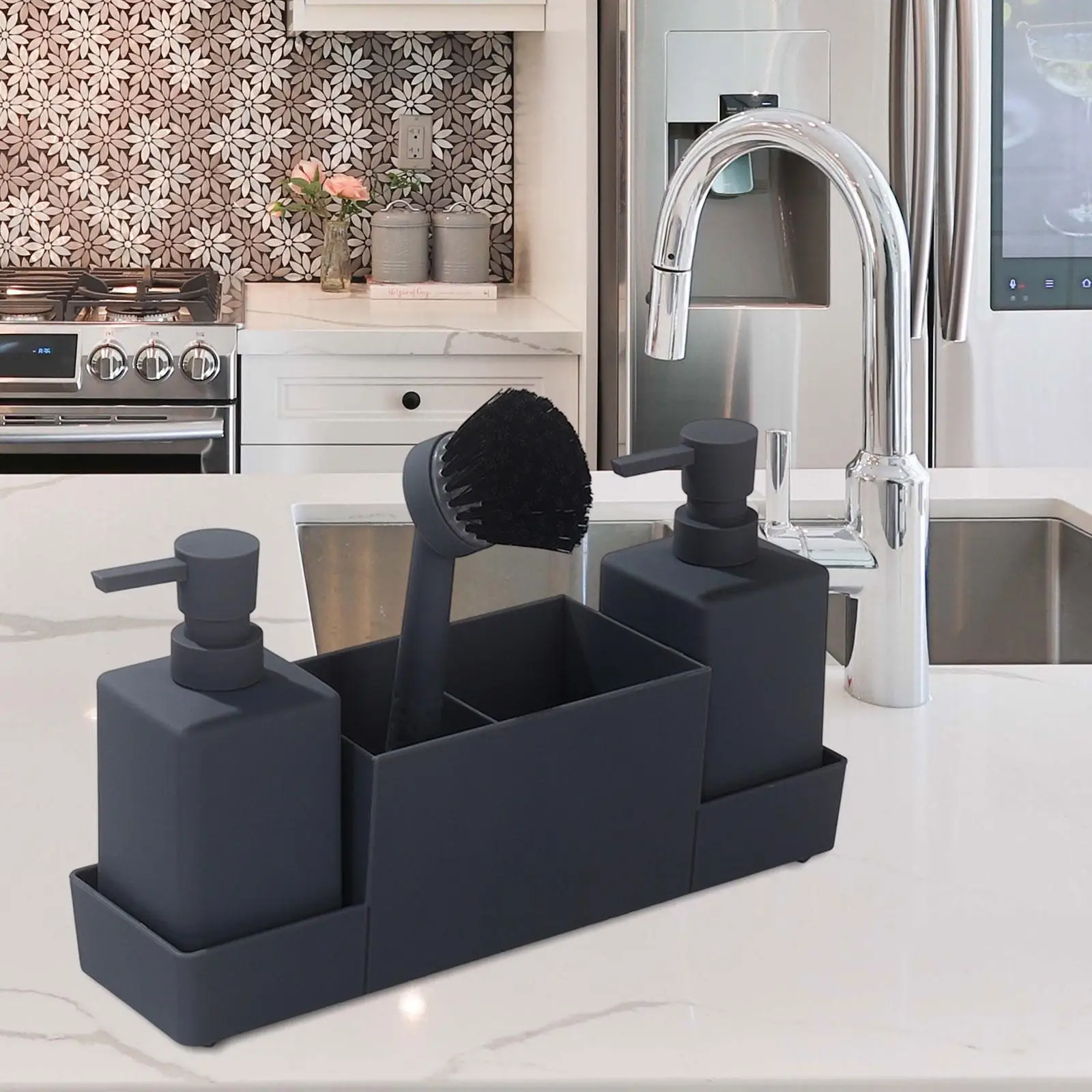 4x Liquid Hand Soap Dispenser Multifunctional Scrubbers Portable Non Slip Kitchen Soap Dispenser with Sponge Holder for Bathroom