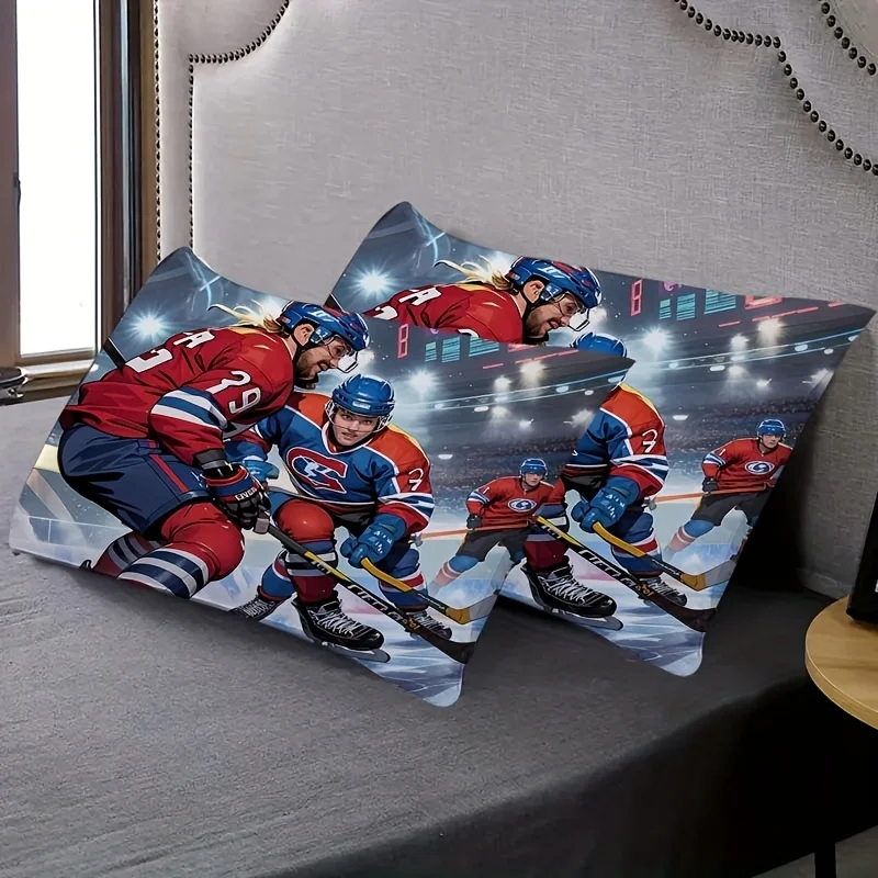 3Pcs Ice Hockey Pattern Duvet Cover Set, Zipper Closure Machine Washable Bedding with Pillowcases, All Season for Home Dorm
