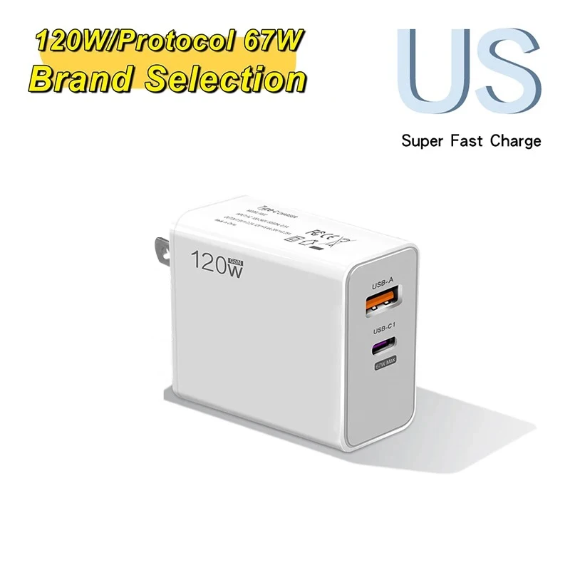 120W USB GaN充電器 タイプC 急速充電 ポータブルUSB急速充電器 EU/US/UKプラグ トラベル充電器 壁掛けアダプター データケーブル付き