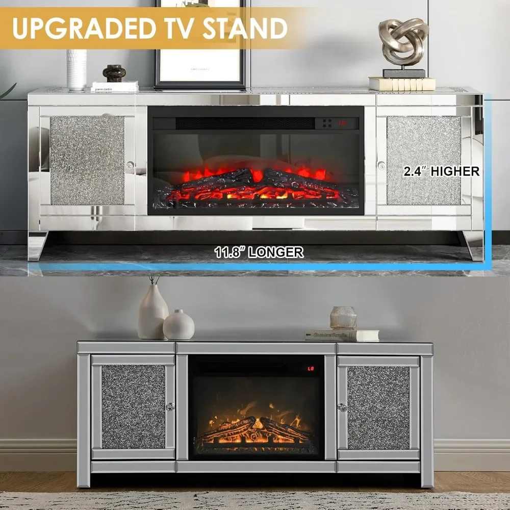 Fireplace TV Stand 59" with Storage Mirrored Silver TV Stand for 65 Inch TVs for Living Room Tall Entertainment Center TV Stands 3