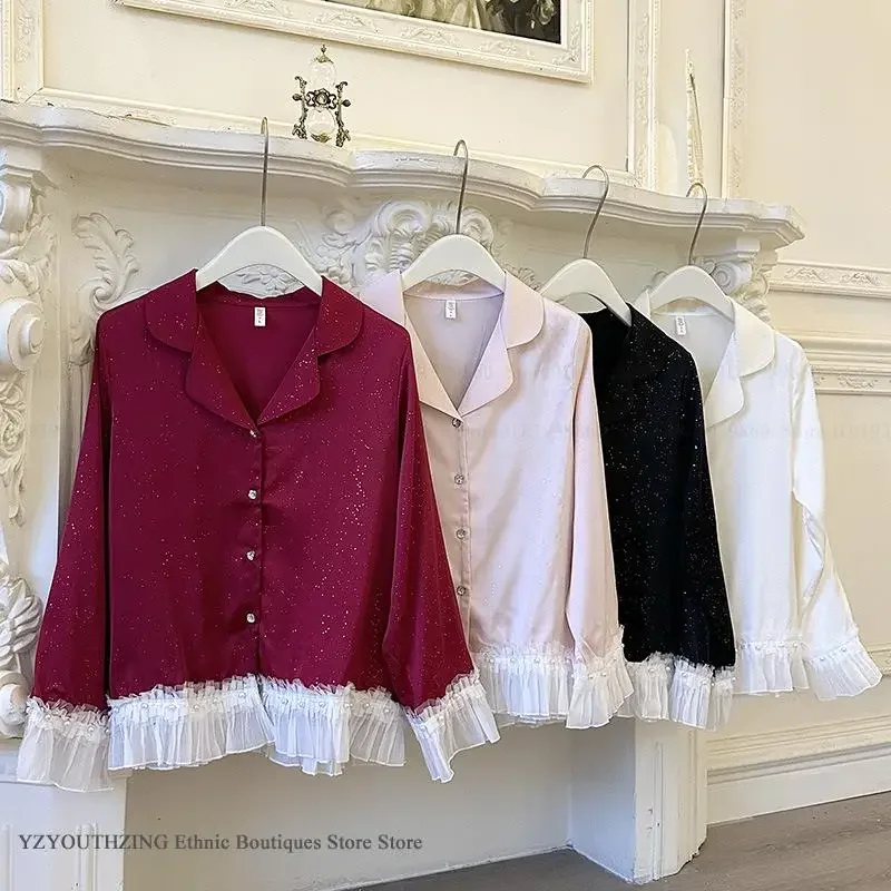 طقم بيجامة حرير نسائي دانتيل كم طويل