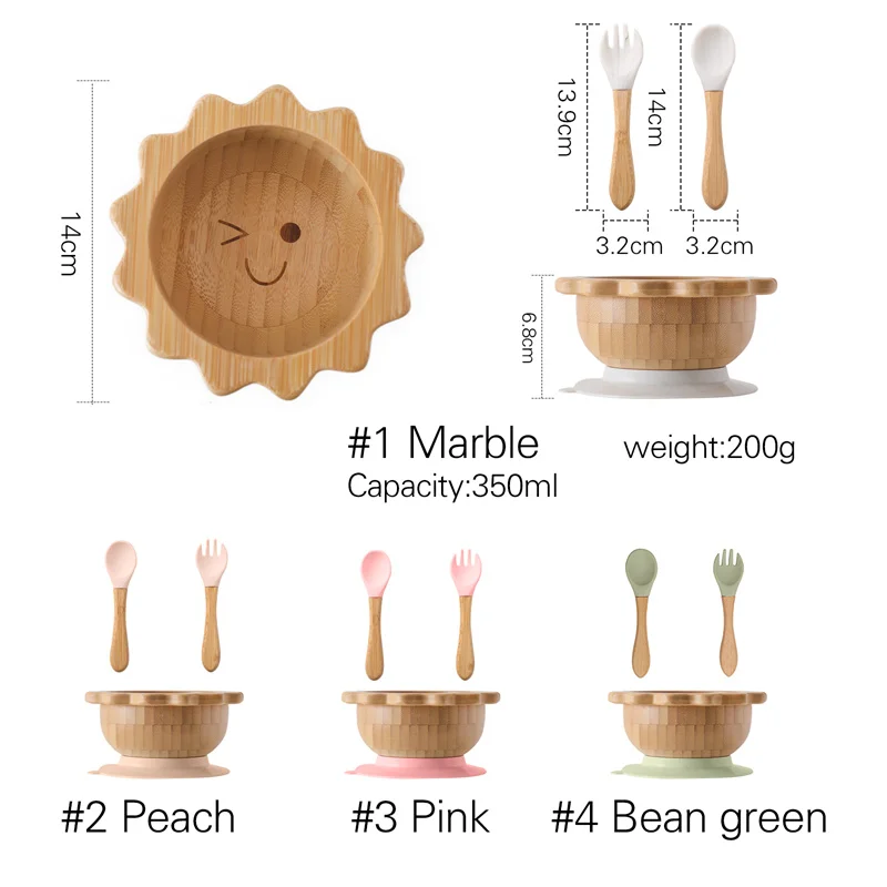 Ensemble de vaisselle en bois de bambou pour bébé, bol en silicone, manche en bois d'aspiration, fourchette et cuillère, fournitures d'alimentation pour nouveau-né, soleil