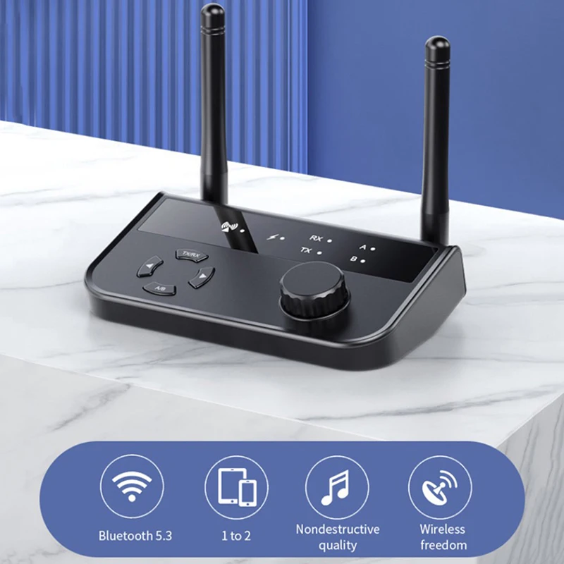 

Multipoint Bluetooth 5.3 Audio Transmitter Receiver 3.5mm AUX 2 RCA Stereo Music Wireless Adapter 2-IN-1 For Car TV PC Speakers