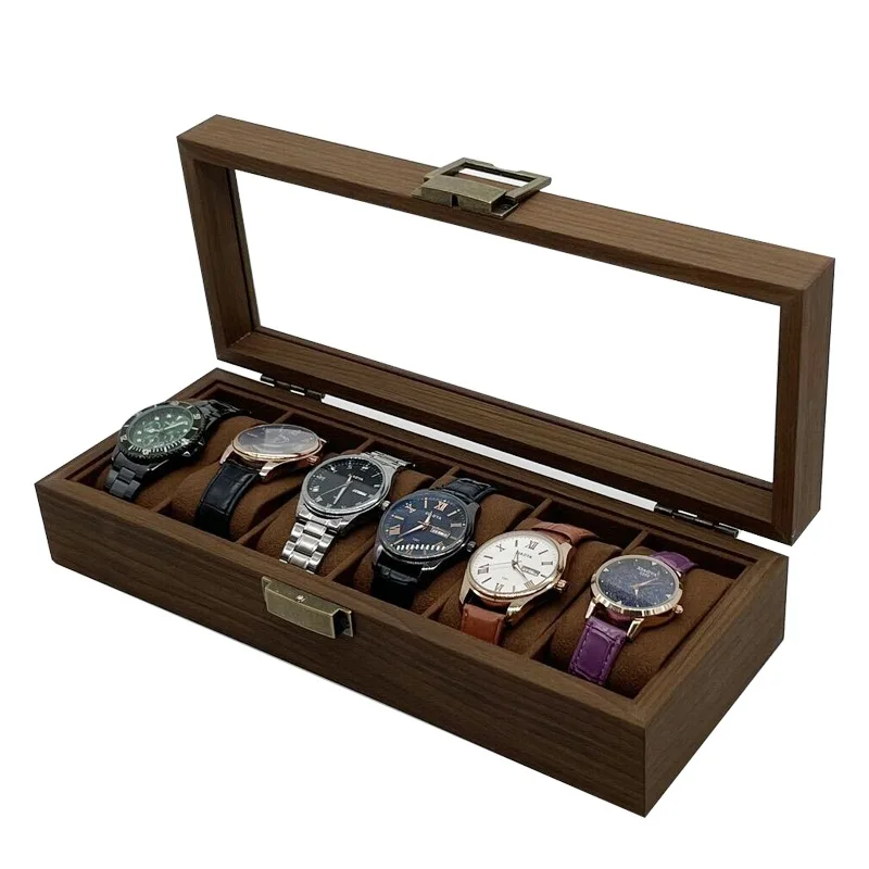 

6 Slot Wooden Watch Box Storage Case Black Walnut Wood Box with Lid for 6pcs Retro Watches Display Box Wood Watch Organizer