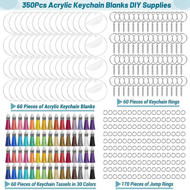 

350Pcs Acrylic Clear Keychain Blanks For Vinyl With Blanks, Tassels, Jump Rings, Keychain Rings For DIY Keychain Craft