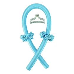 Silk Heatless Curling Headband - Soft Ribbon Hair Rollers for Effortless Styling (Blue with Clip)