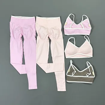 2Pcs HISTELLO Contrastline Leggings Set Women Seamless Scrunch Butt Leggings Sports Bra Gym Fitness Workout Training Yoga Set
