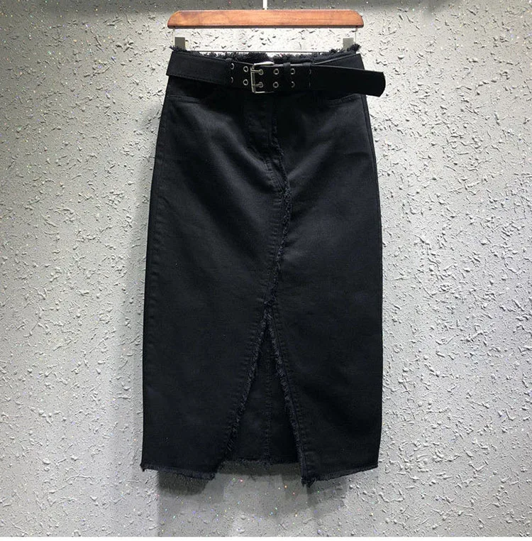 2022 Spring Summer Casual Women Lady Red Black Green High Waisted Tassel Stretch Pencil Denim Skirt Womens Elastic Jeans Skirts black pencil skirt