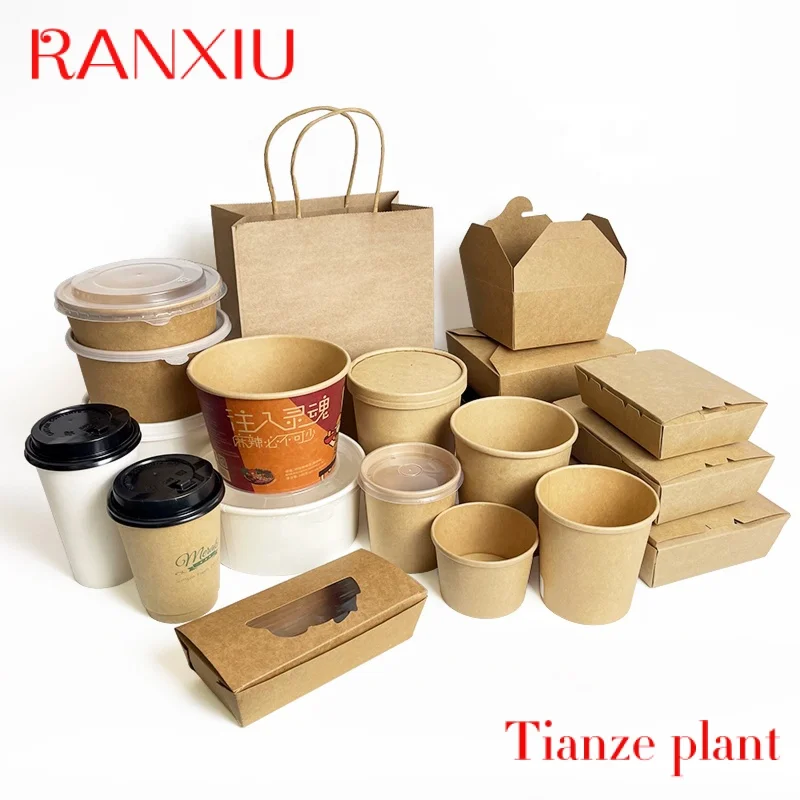 Custom eco friendly packaging food box takeaway biodegradable custom disposable paper soup cup salad bowl paper container kraft  custom fast food lunch takeaway packaging hamburger burger hot dog box corrugated kraft paper custom printed biodegradable dispo