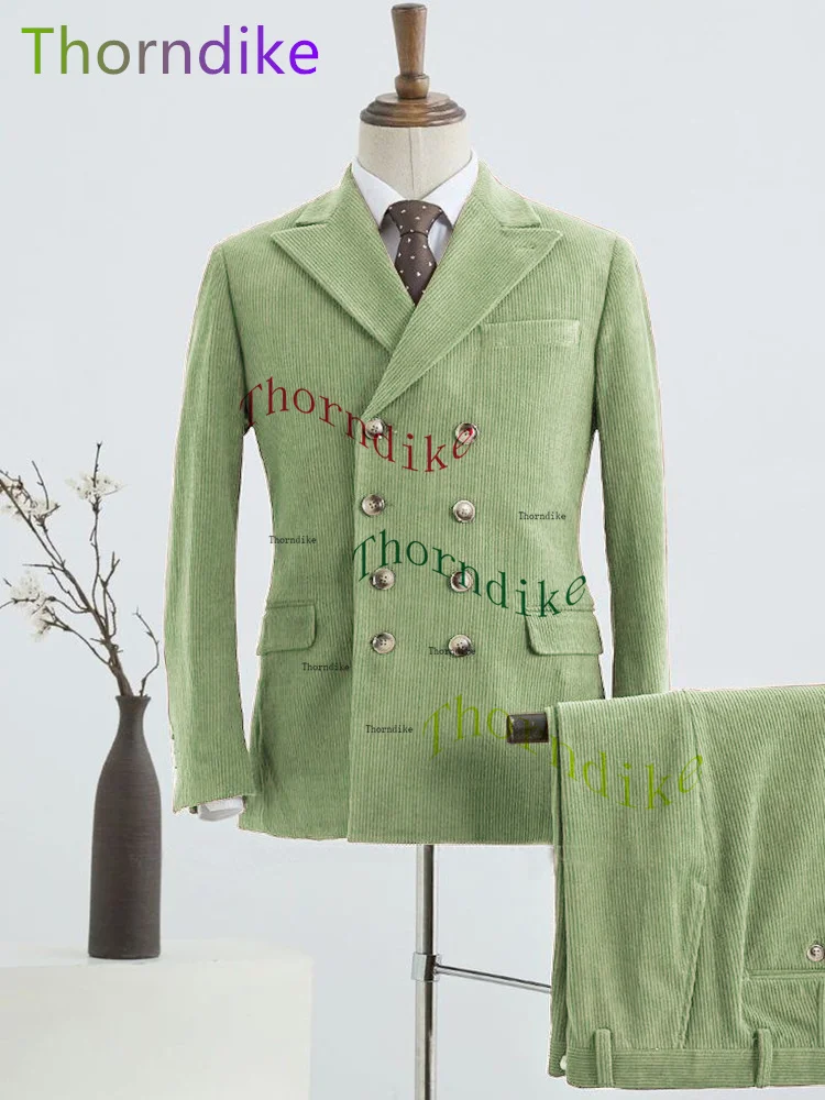 Thorndike Lilac Corduroy Mens Tuxedos Peaked Lapel Casual Party Prom Suit 2 Pieces Set Young Men Wear Blazer Pants For Groommen